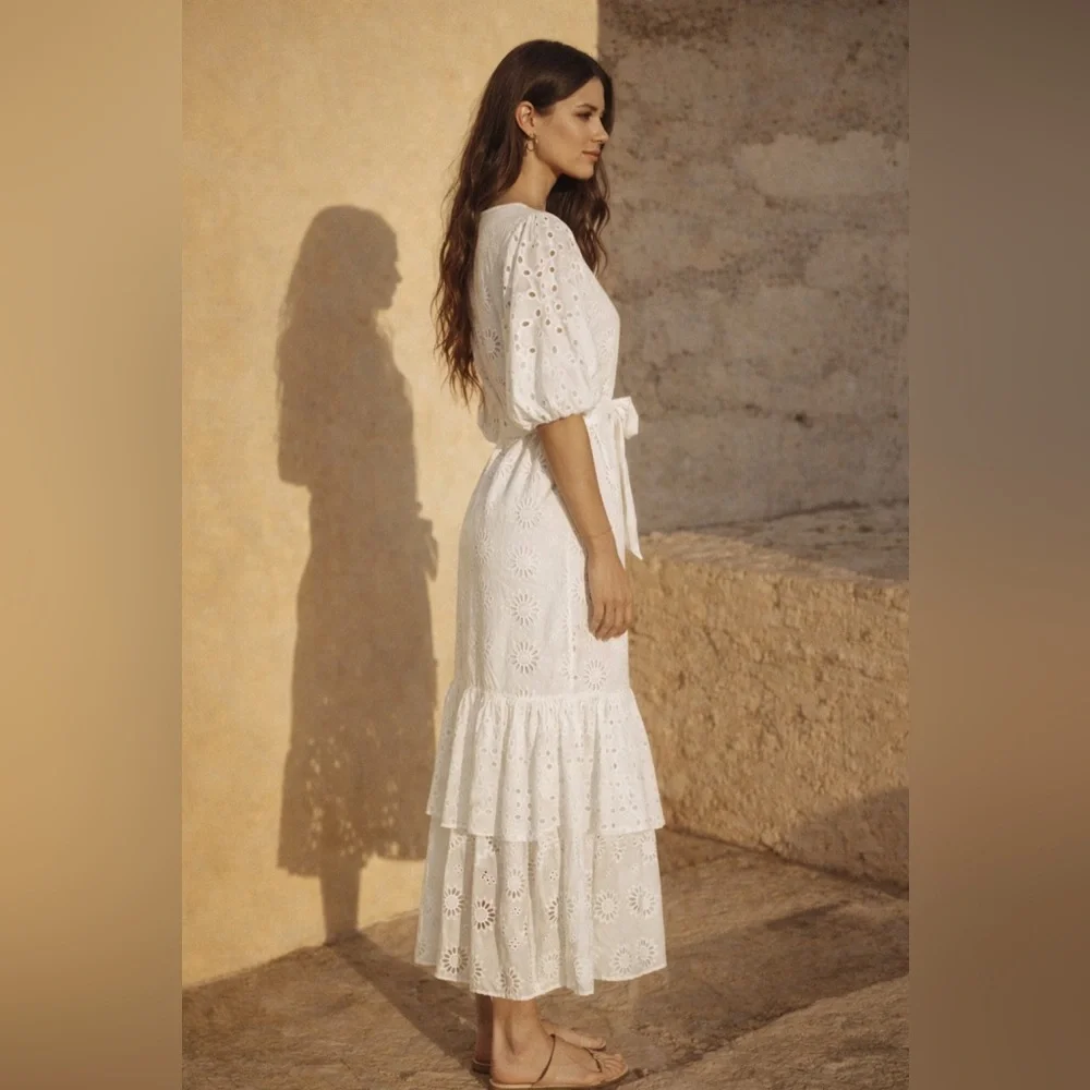 ZARA BELTED EMBROIDERED MIDI DRESS OYSTER WHITE SIZE S - Picture 4 of 15